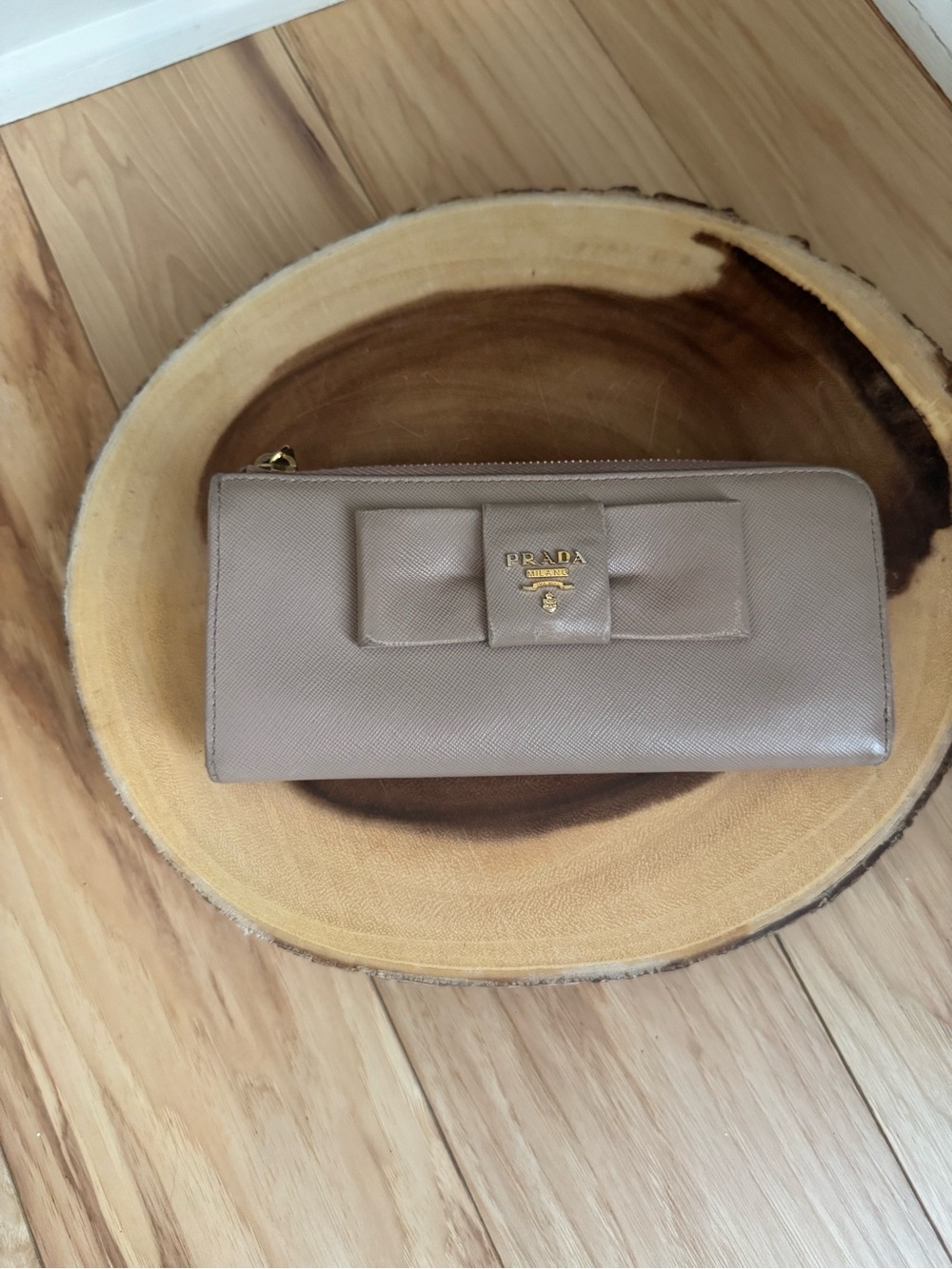 Prada Beige Saffiano Bow Zip-Around Wallet with Gold Logo